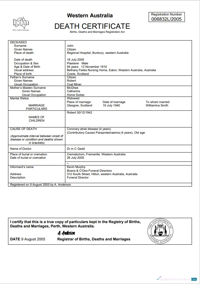 Download Australia Western Australia death certificate template in Word Photoshop template